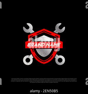 Scudo con logo di protezione per auto, vettore di design logo per auto di servizio di riparazione Illustrazione Vettoriale