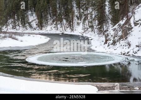 Circolo di ghiaccio rotante in una biforcazione sud del fiume Payette, Idaho. Foto Stock