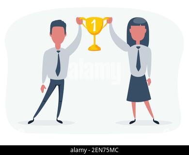 Coppia di vincitori uomini e donne che tengono calice d'oro. La gente felice di successo vince il premio. Concetto di celebrazione del raggiungimento degli obiettivi. Illustrazione Vettoriale