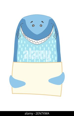 Carino cartoon squalo pesce animale tenendo tag segno con spazio di copia. Set biglietto di auguri banner invito brochure. Cartoon disegnata a mano stile. Poco Illustrazione Vettoriale