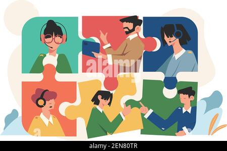 Persone online che connettono elementi di puzzle sociali Illustrazione Vettoriale