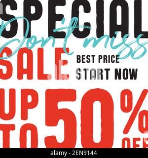 Vendita speciale V2 50% (da non perdere) vettoriale intestazione design stile moda per banner o poster. Concetto di vendita e sconti. Illustrazione Vettoriale