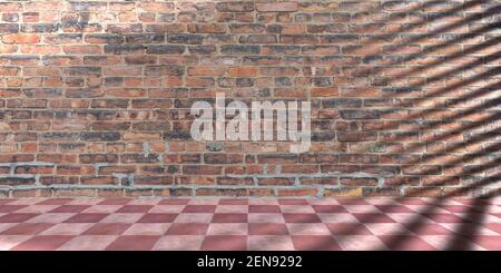 Vecchie piastrelle in ceramica pavimenti in cotto stile scacchiera e muro di mattoni sfondo, camera interna dima mockup. Retro, pavimenti vintage, colore rosso, rosa Foto Stock