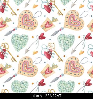 Motivo senza cuciture acquerello con cuore, freccia, chiave, fiore e confezione regalo sullo sfondo chiaro. Illustrazione luminosa. Ideale per il tessuto, l'avvolgimento. Foto Stock