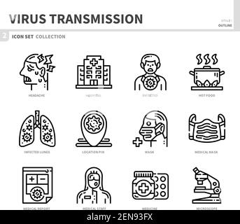 trasmissione del virus, coronavirus, insieme di icone di covid19, vettore e illustrazione Illustrazione Vettoriale