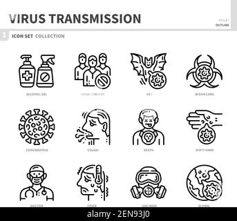 trasmissione del virus, coronavirus, insieme di icone di covid19, vettore e illustrazione Illustrazione Vettoriale