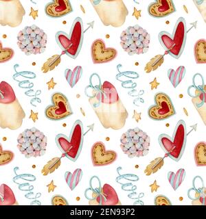 Motivo senza giunture acquerello con cuore, freccia, banner, fiore, stella e biscotti sullo sfondo chiaro. Illustrazione luminosa. Ideale per il tessuto. Foto Stock