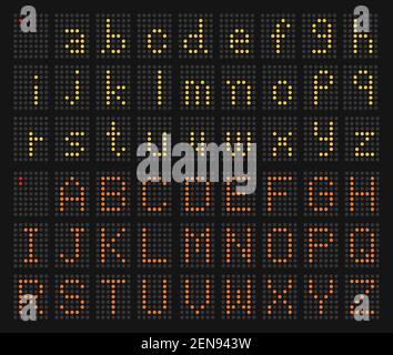 puntini gialli alfabeto minuscolo e puntini arancioni in maiuscolo Alfabeto di display digitale a LED su sfondo nero, elemento grafico, vettore e. il Illustrazione Vettoriale