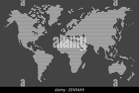 mappa del mondo a righe orizzontali bianche su sfondo nero, modello a frame completo, vettoriale e illustrazione Illustrazione Vettoriale