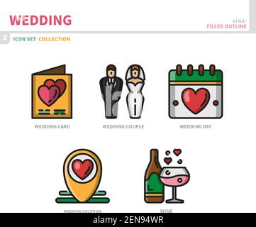 insieme di icone di matrimonio e matrimonio, stile di contorno pieno, vettore e illustrazione Illustrazione Vettoriale