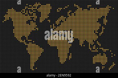 punti gialli di visualizzazione digitale su sfondo nero,mappa mondiale punteggiata,vettore e l'illustrazione Illustrazione Vettoriale