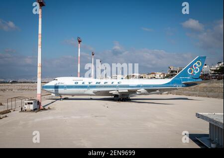 Boeing 747 di ex compagnie aeree olimpiche alla vecchia Atene aeroporto Foto Stock