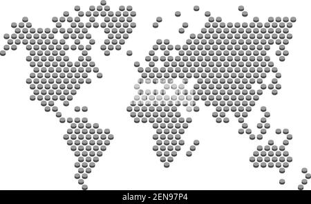 pulsante prospettiva piatta della mappa punteggiata del mondo, pulsante in scala di grigi su bianco sfondo, vettore e illustrazione Illustrazione Vettoriale