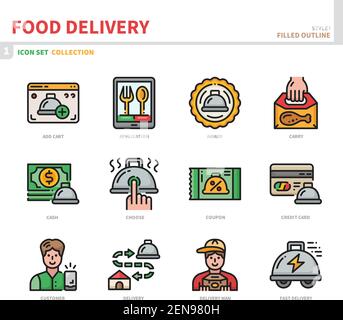 set di icone per la consegna degli alimenti, stile del contorno pieno, vettore e illustrazione Illustrazione Vettoriale