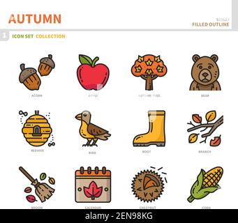 set di icone della stagione autunnale, stile di contorno pieno, vettore e illustrazione Illustrazione Vettoriale