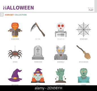 set di icone halloween, stile piatto a colori, vettore e illustrazione Illustrazione Vettoriale