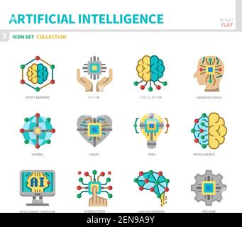 insieme di icone di intelligenza artificiale, stile piatto, vettore e illustrazione Illustrazione Vettoriale