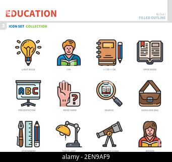 set di icone education, stile contorno pieno, vettore e illustrazione Illustrazione Vettoriale