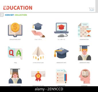 set di icone education, stile piatto a colori, vettoriale e illustrazione Illustrazione Vettoriale