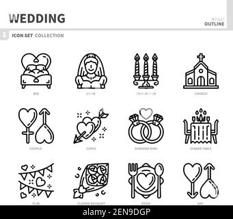 insieme di icone di matrimonio e matrimonio, stile di contorno, vettore e illustrazione Illustrazione Vettoriale
