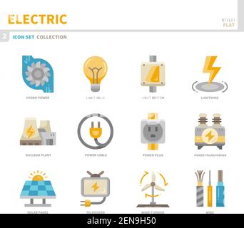 insieme di icone elettriche, stile piatto a colori, vettoriale e illustrazione Illustrazione Vettoriale