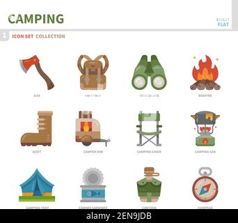 set di icone per campeggio, stile piatto a colori, vettoriale e illustrazione Illustrazione Vettoriale