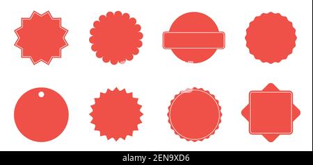 Set di stelle rosse. Adesivi bianchi rossi. Badge Sunburst, etichette, tag di vendita isolati. Elementi di progettazione. Illustrazione Vettoriale