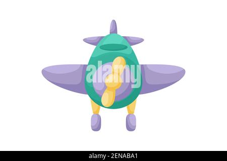 Aeroplano verde-violetto su sfondo bianco. Trasporto di cartoni animati per i bambini carte, baby doccia, invito di compleanno, interno della casa. Peperoncino dai colori vivaci Illustrazione Vettoriale
