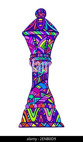 Pezzo colorato Queen Chess con molti motivi decorativi astratti, stile doodle, isolato su bianco. Carta elegante e luminosa con pezzo a scacchi Queen. Vettore Illustrazione Vettoriale