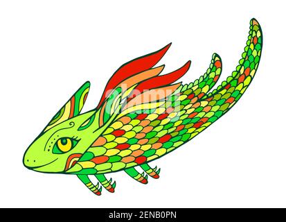 Fantasia divertente colorful cute tribale Flying Dragon in verde giallo rosso colore, isolato su bianco. Carta decorativa in stile doodle creativa con fiaba An Illustrazione Vettoriale