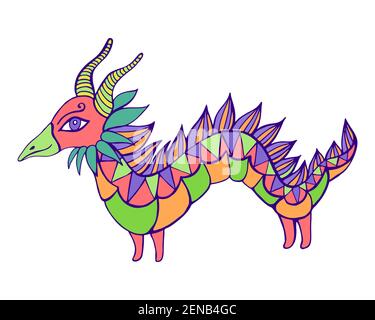 Cartoon mitico drago brillante, isolato in bianco. Bellissimo drago stile doodle carattere piccolo, animale fantastico. Vettore disegnata a mano illu decorativo Illustrazione Vettoriale