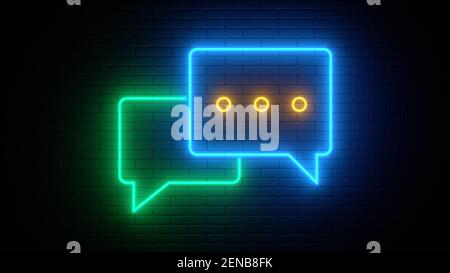 Cartello al neon su un muro di mattoni. Icona della chat dei messaggi incandescente. Sfondo astratto, colori vibranti dello spettro. illustrazione del rendering 3d. Foto Stock