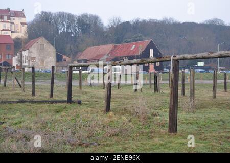 Scaffali dove le reti di aringhe sono state essiccate, su Denes, Lowestoft Suffolk, Inghilterra Regno Unito Foto Stock