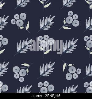 Motivo floreale senza cuciture. Ramoscelli blu, foglie, fogliame e piccoli cerchi su un bianco Foto Stock
