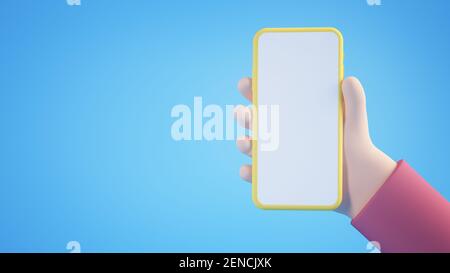 Cartoon mano che tiene giallo vuoto smartphone rendering 3d Foto Stock