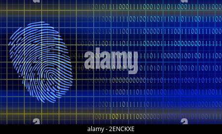 Concetto astratto di sicurezza informatica - elementi grafici combinati con binari Codice - simbolo di impronta digitale per una protezione sicura su sfondo scuro Foto Stock