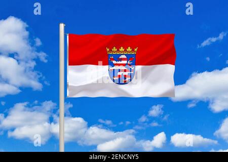 Die Landesdienstflagge von Hessen ist gleichzeitig die Handelsfflagge. Sie zeigt gegenüber der Landesflagge den Löwen mit goldenen Krallen. Foto Stock