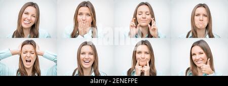 Insieme di bella donna con diverse emozioni o espressioni facciali Foto Stock