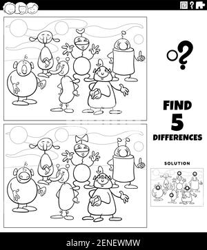 Cartoni animati in bianco e nero illustrazione di trovare le differenze tra immagini gioco educativo per bambini con alieni o fantasia divertente caratteri col Illustrazione Vettoriale