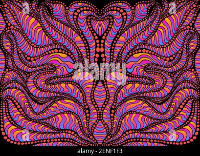 Psychedelic colorful surreale doodle pattern, gradiente colori neon. Specchio modello astratto, labirinto di ornamenti ondulati. Fantasia bohémien disegnata a mano vettoriale Illustrazione Vettoriale