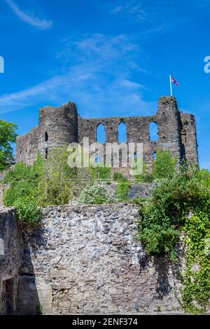 Laugharne Castle in Carmarthenshshire Galles del sud Regno Unito che è un 12 ° secolo Norman forte rovina con ed è un popolare punto di riferimento della destinazione turistica Foto Stock