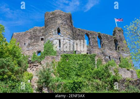 Laugharne Castle in Carmarthenshshire Galles del sud Regno Unito che è un 12 ° secolo Norman forte rovina con ed è un popolare punto di riferimento della destinazione turistica Foto Stock