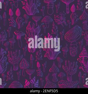 Psychedelic mushroom seamless pattern.Bright pink violete gradient outline, dark purpule background. Funghi fantasy allucinogeni, ogni fungo h Illustrazione Vettoriale