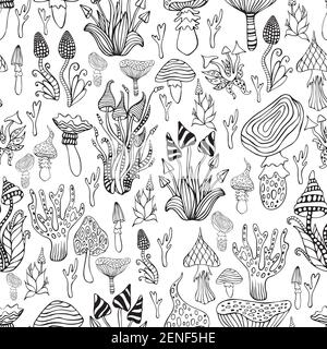 Motivo senza cuciture con fungo psichedelico, colore bianco e nero. Sfondo di funghi fantasy allucinogeni monocromatici. Ogni fungo ha il suo p Illustrazione Vettoriale