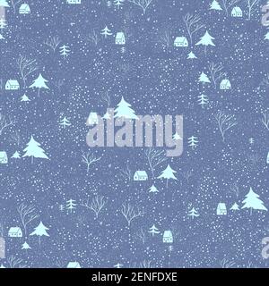 Inverno modello senza giunture con case innevate, alberi di Natale e alberi, tenero colore contorno blu gelido, isolato sfondo blu fumoso. Arte ingenua vetto Illustrazione Vettoriale