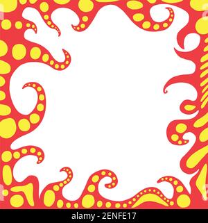 Coloratissima cornice fantasy astratta con tentacoli di mostri alieni, colore rosso, con ventose gialle. Scheda vettoriale disegnata a mano, con posizione per il testo. Doodle Illustrazione Vettoriale