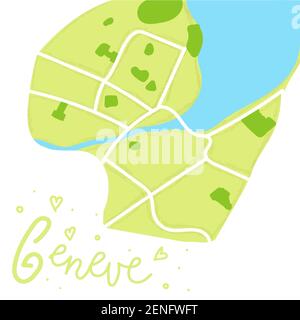 Cartoon colorato mappa piatta del centro di Ginevra. La terra è verde. Strade bianche. Divertente carina mappa della città della Svizzera europea. Illustrazione vettoriale Illustrazione Vettoriale