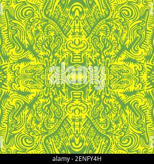 Luminoso sole psichedelico trippy mandala astratto con motivi originali, succosa contorno verde su uno sfondo giallo. Carta elegante surreale. Illu. Vettore Illustrazione Vettoriale