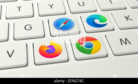 Battaglia del concetto browser: Loghi delle principali applicazioni del browser Mozilla Firefox, Apple Safari. Google Chrome e Microsoft Edge (l.t.) come tasti su una k Foto Stock