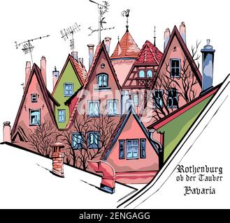 Disegno vettoriale a colori di facciate pittoresche e tetti della città vecchia medievale, Rothenburg ob der Tauber con nome della città, Baviera, Germania Illustrazione Vettoriale